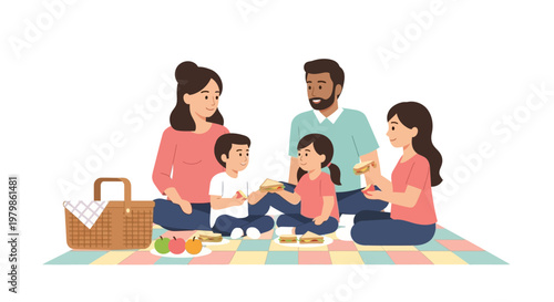 Happy Diverse Family Enjoying a Picnic Together on a Colorful Blanket.