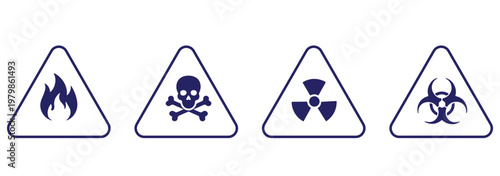 hazard warning signs icon set, vector triangle safety symbols including biohazard flammable high voltage corrosive and danger isolated on transparent background