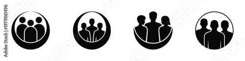 People in Circle Icon Set – Teamwork and Community Symbol, Social Unity Concept, Group of Three Silhouette, Corporate Partnership, Family Protection Sign, Black Vector Illustration