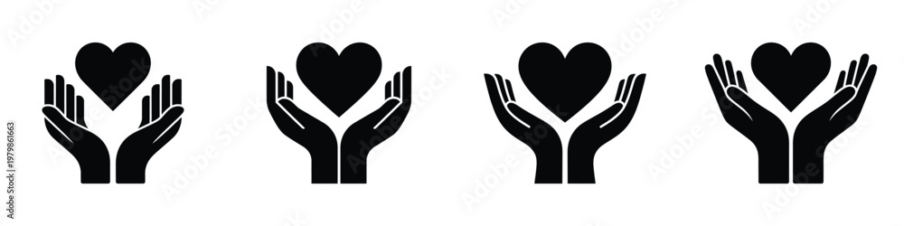 Fototapeta premium Hands Holding Heart Icon Set – Love and Care Symbol, Charity, Support, Kindness, Giving, Compassion, Health, Friendship, and Humanity Concept, Black Silhouette Vector Illustration on White Background