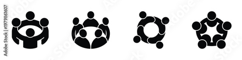 Teamwork and Collaboration Icon Set – People in Circle Symbols, Unity and Partnership Concept, Group Communication, Community Connection, Corporate Team Building, Cooperation Vector Illustration