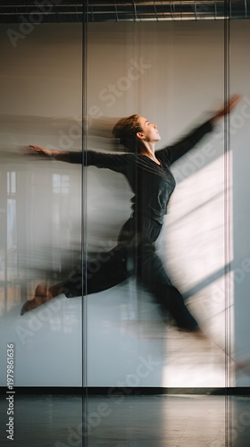 Dancer performing a jump in a studio with glass walls during a dance class in the afternoon light