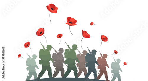Soldiers Marching with Poppies Falling Remembrance Day Concept.