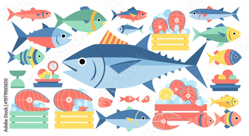Fresh Fish Market Assortment with Various Seafood and Tuna.