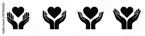 Hands Holding Heart Icon Set – Love and Care Symbol, Charity, Support, Kindness, Giving, Compassion, Health, Friendship, and Humanity Concept, Black Silhouette Vector Illustration on White Background