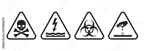 hazard warning signs icon set, vector triangle safety symbols including biohazard flammable high voltage corrosive and danger isolated on transparent background