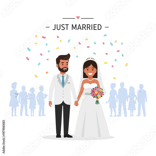 Happy Newlywed Couple Holding Hands Under Confetti Shower