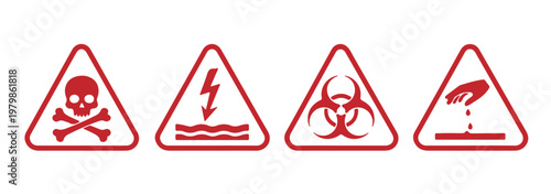 hazard warning signs icon set, vector triangle safety symbols including biohazard flammable high voltage corrosive and danger isolated on transparent background