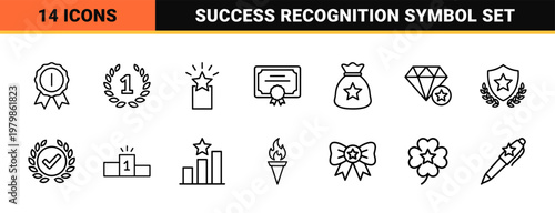 Minimalist reward and achievement line icon set with medals and trophies