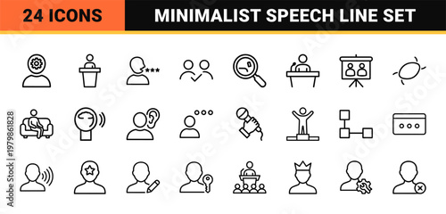 Minimalist rhetoric and public speaking line icons for communication and education.