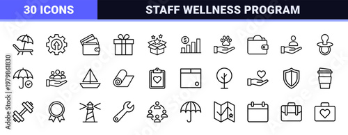 Corporate employee benefits and wellness thin line icon set