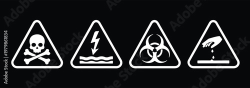 hazard warning signs icon set, vector triangle safety symbols including biohazard flammable high voltage corrosive and danger isolated on transparent background