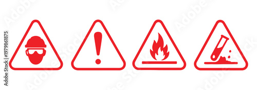 Biohazard, radiation, skull and crossbones, exclamation mark, flammable, chemical hazard, high voltage, explosive icon set