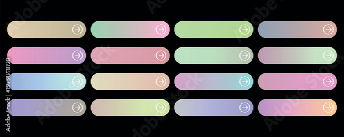Pastel gradient button set, 16 colorful web UI elements with arrow icons, modern glassmorphism pill shapes for website navigation and app interface