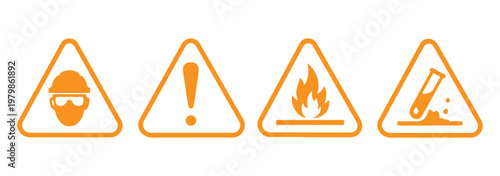 Biohazard, radiation, skull and crossbones, exclamation mark, flammable, chemical hazard, high voltage, explosive icon set