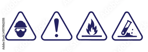 Biohazard, radiation, skull and crossbones, exclamation mark, flammable, chemical hazard, high voltage, explosive icon set