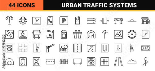 Urban road infrastructure and traffic management line icon set
