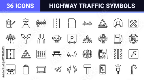 Road infrastructure line icons for highway and traffic management