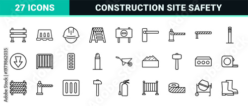 Road safety and construction barrier line icons