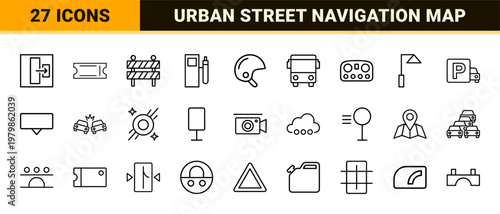 Urban transportation and road traffic line icons set
