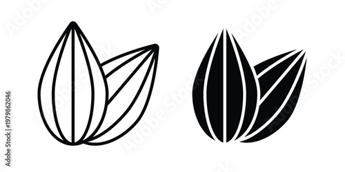 Almond icon. Flat and outline icons. Black icons