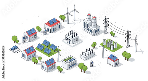 An isometric vector graphic showcasing a sustainable power grid with solar panels, wind turbines, electric vehicle chargers, and power lines.