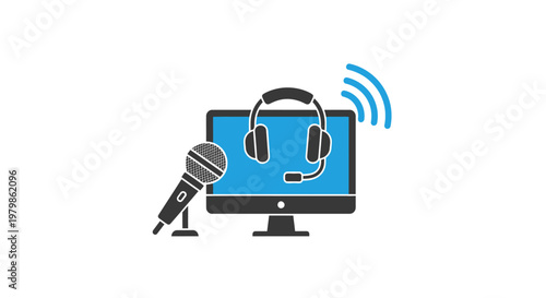 Computer with headset and microphone.