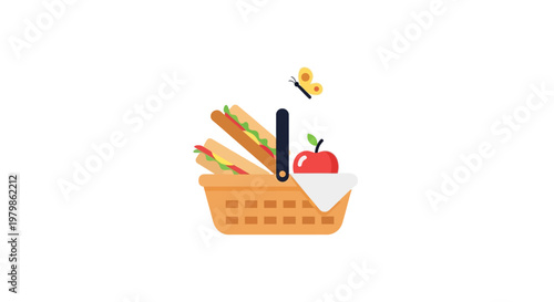 Colorful picnic basket with food items.