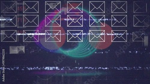 Animation of rows of email envelopes and data processing over circles with glitch