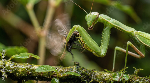A vibrant green praying mantis in its natural habitat, meticulously capturing a fly with its raptorial forelegs.