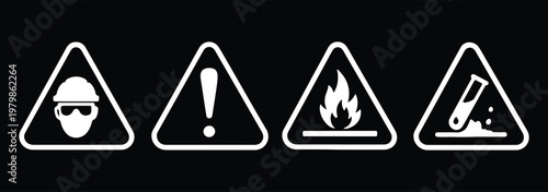 Biohazard, radiation, skull and crossbones, exclamation mark, flammable, chemical hazard, high voltage, explosive icon set