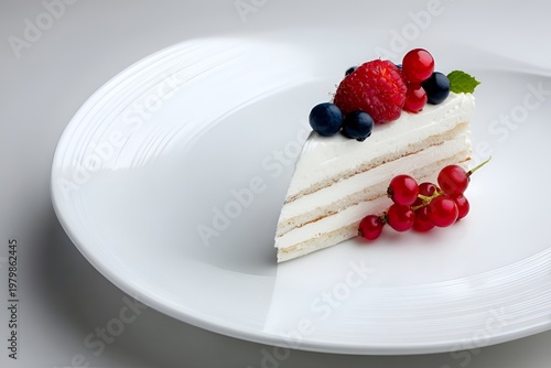 Delicious slice of white cake topped with berries served on a plain white plate in a bright setting