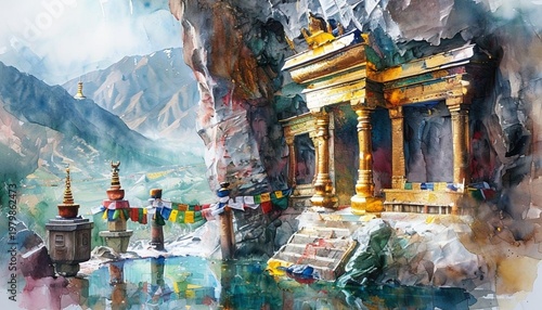 Himalayan Mountain Temple Reflected in Tranquil Water