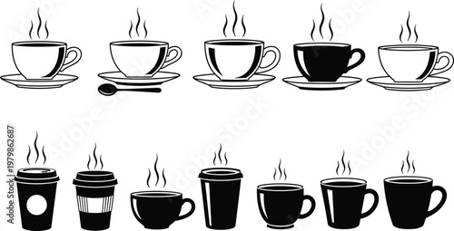Coffee cup collection vector set. Minimal black and white hot drink icons. Different mug styles with steam, takeaway cups, and classic cafe designs.