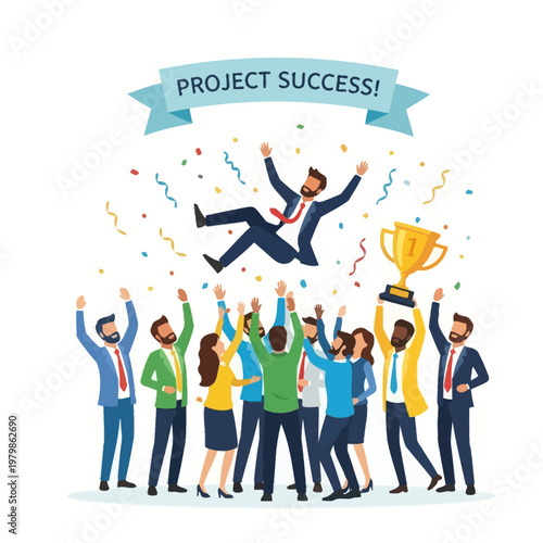 Team Celebrating Project Success with Trophy and Confetti