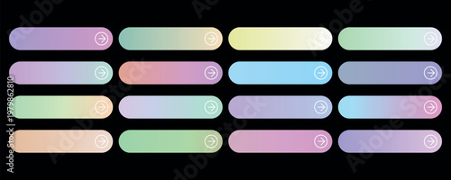 Modern pastel gradient web buttons set, 16 colorful rounded UI elements with arrows, minimalist navigation bars for website and app design
