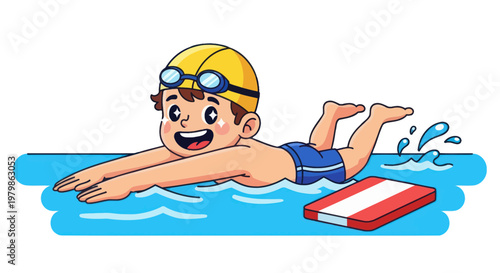Happy Cartoon Boy Swimming in Pool with Kickboard, Summer Fun