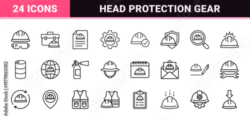 Industrial safety helmet and construction worker equipment outline icons.