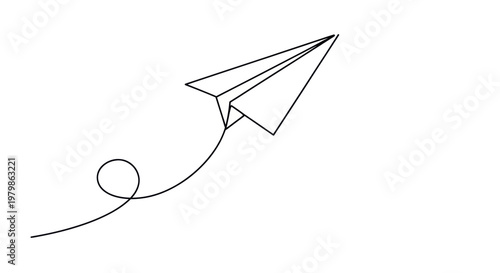 Minimalist paper airplane with a looping tail on a white background