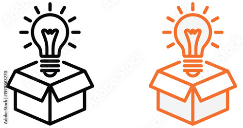 Creative idea and innovation icon set with light bulb out of the box symbol for startup, brainstorming creativity inspiration concept, business growth strategy and modern startup solution vector 