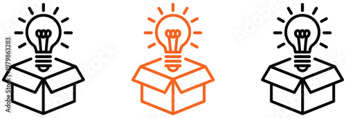 Creative idea and innovation icon set with light bulb out of the box symbol for startup, brainstorming creativity inspiration concept, business growth strategy and modern startup solution vector i