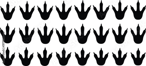 Black Silhouette Set of Dinosaur Footprints or Bird Claw Tracks Repeating Pattern Isolated on White Background Prehistoric Animal Trace Mark Design Element Vector Illustration for Stock.