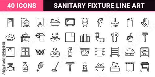 Minimalist sanitary and plumbing line icon set for bathroom hardware
