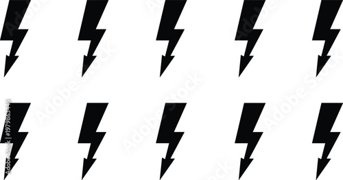 Collection of Downward Pointing Lightning Bolt Silhouette Icons, Electric Thunder Storm Symbols, Energy, Power, Danger, Warning, and Electricity Flash Signs, Simple Design Vector Illustrations Set.