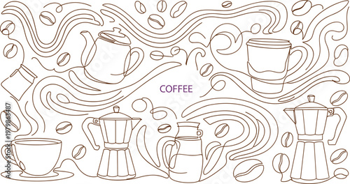 Coffee line art pattern illustration. Hand drawn cups, moka pots, and beans with flowing shapes. Decorative seamless style for cafe branding, packaging, and background design.