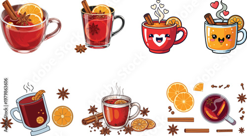 Glühwein Vector Set – Mulled Wine, Spiced Orange Drink & Cute Christmas Mug Illustrations