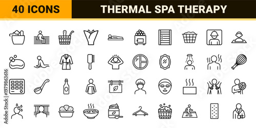 Wellness sauna and spa minimalist line icons set