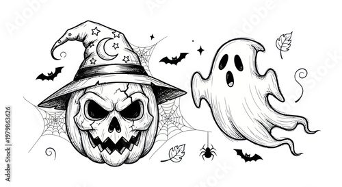Scary Halloween Pumpkin Jack-o-lantern and Ghost Spooky Illustration