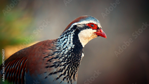 Red-legged partridge profile, close-up of alectoris rufa game bird, colorful wild partridge with red beak and eye ring, wildlife photography