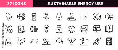 Sustainable energy and eco electricity thin line icon set
